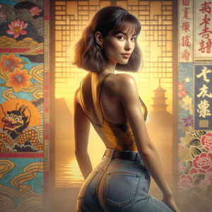 Athletic Thin skinny Attractive, Asian teenage girl, long brown hair and bangs, wearing tight skinny jeans and a halter top paint marks on her clothing, heroic pose Asian graffiti background, backside view