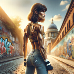 Athletic Thin skinny Attractive, Asian teenage girl, long brown hair and bangs, wearing tight skinny jeans and a halter top paint marks on her clothing, heroic pose Asian graffiti background, backside view