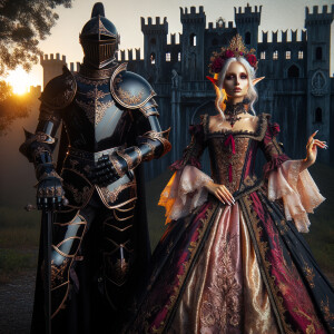 Black knight standing in front of a undead castle with standing with a Greek elf queen with a burgundy,gold and pink dress