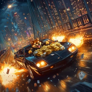MEME DOGE driving a black muscle sports car, trunk overflowing...