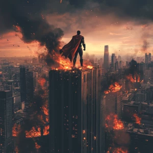 You are a graphic designer who is an expert in Photoshop. Create a cinematic style image of a classic superhero standing triumphantly on a skyscraper of a burning city.