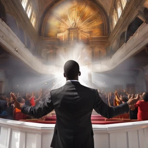 Imagine a dynamic worship service in a packed, lively church. At the front stands a charismatic Black preacher, exuding presence and authority. He's dressed in a sharp, tailored suit, perhaps with a vibrant tie or a traditional robe, his arms raised to the heavens as he draws on the strength of Jesus' name with passion and conviction, reflecting the message of Mark 16:17.

Around him, the congregation mirrors his fervor. They are a diverse group of individuals from all walks of life, their faces lit with an earnest glow of devotion. Some have their eyes closed, others raised to the sky, while many have their hands lifted or clasped in prayer. The atmosphere is thick with emotion as many of the worshippers speak in tongues, their voices creating a symphony of faith that resonates throughout the space.

The church interior is filled with warm light, streaming in through large stained-glass windows depicting biblical scenes, casting colorful reflections on the worshippers. The air is electric with spiritual energy, painting a vivid picture of communal faith and the strength drawn from the shared belief in the power of Jesus' name.