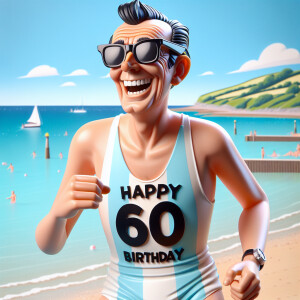 Pixar 3d of an old man, black sunglasses, laughing, running on t...