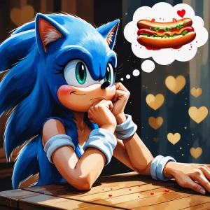 realistic watercolor. she Amy Rose hedgehog from Sonic, elbows resting on a wood table, one hand under her chin, deep in thought and in love looking up at a thought bubble with (((a greedy happy blue Sonic the Hedgehog munching on a spicy hotdog making a lot of mess))) in the thought bubble. soft gold bokeh hearts bg. no extra details