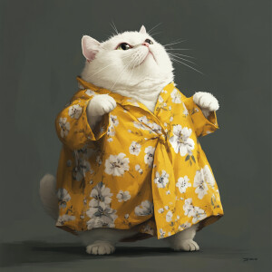 A fat cream cat wearing a yellow floral patterned nightgown is s...