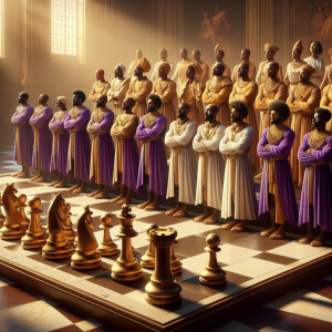 3-D realistic oil, painting, Oh a gold, and purple human chessbo...