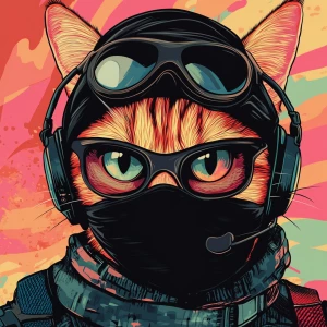 A wide-eyed ginger cat wearing a black tactical balaclava (or ma...
