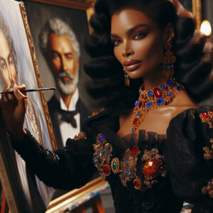 In a high-class, elegantly decorated studio, a very light-skinne...