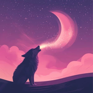 A cosmic wolf howling at a glowing crescent moon, with constella...