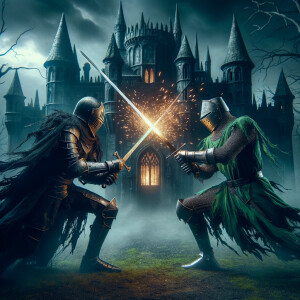 Black knight sword fighting a green knight in front of a undead castle