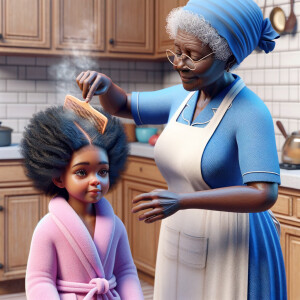 Create a realistic 3-D image of an african-American grandmother wearing a blue house dress and a white apron . She is in the kitchen with her african-American granddaughter. Her granddaughter is wearing a pink bath robe. The grandmother has a hot comb in her hand and she is straightening her granddaughters hair. One side of her granddaughters hair is in  a Afro the other straight 
There is smoke coming from the hot comb
The granddaughter is making a face