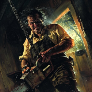 An eerie scene unfolds as Leatherface grips his chainsaw tightly...