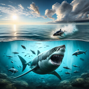 Half-submerged split-level effect of a great white shark pursuin...