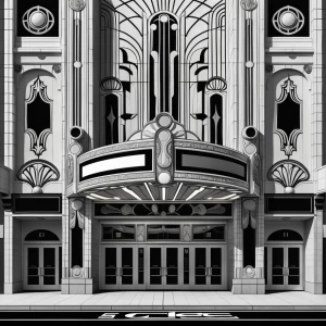 Create a detailed image of a theater entrance with bold symmetry...