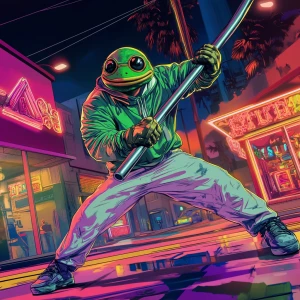 MEME PEPE in GTA art style - mid-swing with a large metal bat, c...