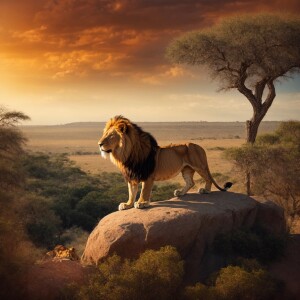 "Illustrate a serene scene where a lion lounges on a rock outcro...