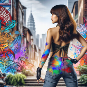 Attractive, Asian teenage girl, long brown hair and bangs, wearing tight skinny jeans and a halter top paint marks on her clothing, backside view heroic pose Asian graffiti