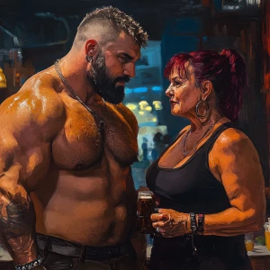 Paint photo realism,a muscular sweaty beefy man standing and ta...