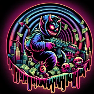 Design a cartoon-style circular logo featuring a cheeky demon we...