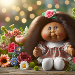 African-American cabbage patch doll with huge dimples, and freckles and flowers in the background