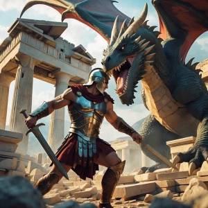 A Spartan warrior in full battle armor engaged in a fierce comba...