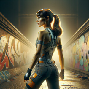 Athletic Thin skinny Attractive, Asian teenage girl, long brown hair and bangs, wearing tight skinny jeans and a halter top paint marks on her clothing, heroic pose Asian graffiti background, backside view