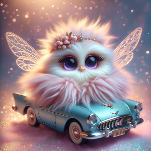 Imagine a whimsical, fluffy creature with large, sparkling purpl...