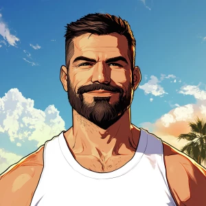 White muscular thin man with beard, big chin, smile and cheekbon...