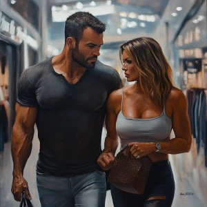 Photorealism painting.A muscular, sweaty man walking with his 43...