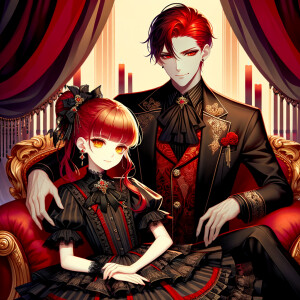 Lilith as a girl with elegant gothic lolita dress sit on the lap...