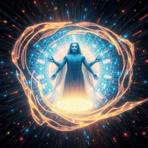 A luminous vortex of binary code swirls around a central figure,...