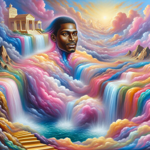 A hyper-realistic 3-Dh oil painting colorful waterfall out of th...