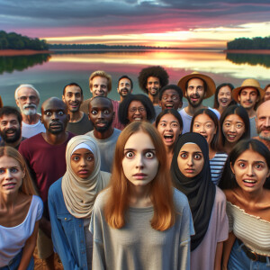 A group of people stands by the lake in the morning. One girl ha...