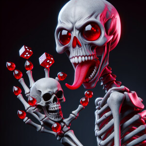 An alien skeleton holding a dice skull. Fingers are made of rubi...