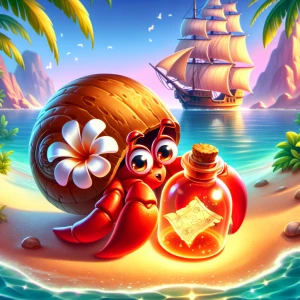 Create a charming cartoon image of a female red hermit crab, coc...