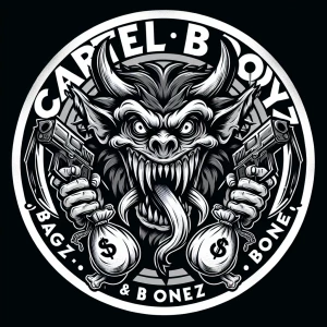 Create a bold logo featuring a menacing creature with sharp feat...