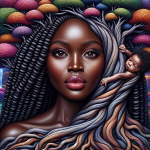 Create a close-up, hyper-realistic 3-D oil painting of a tree wi...