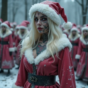 Create an image of a sinister Mrs. Claus dressed in a tattered a...