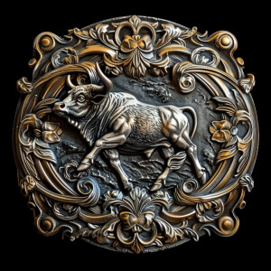 Design a classic western cowboy belt buckle featuring a center p...