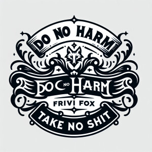 Draw me a logo with the words Do No Harm, Take No Shit. Use curs...