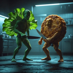 In a dimly lit kitchen arena, an anthropomorphic lettuce stands...