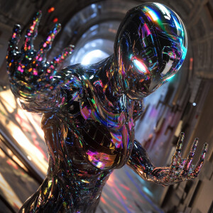 A metallic extraterrestrial being, shimmering with iridescent ra...