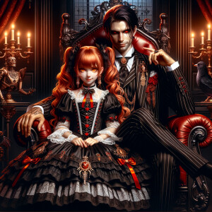 Lilith as a girl with elegant gothic lolita dress sit on the lap of handsome lucifer, the girl has red hair and golden eyes, thrones, blackand red elegant luxury background, Lucifer evil smirk, The girl fierce look, Obsession and Ownership sign