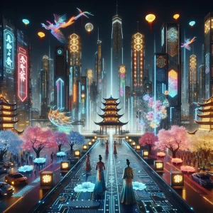 A lively festival scene with dancers in modernized qipao outfits, each embedded with glowing circuitry. The stage is adorned with holographic dragons and a glowing red-and-gold archway, blending traditional motifs with a futuristic aesthetic. Spectators enjoy the vibrant energy of the event as digital fireworks burst overhead