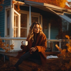 A beautiful woman Sitting on a porch sipping a cup of coffee dur...