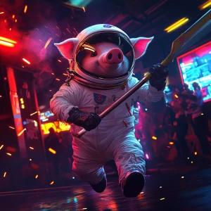 Cute cartoon pig without ears in vintage white spacesuit and hel...