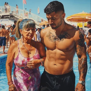 Hyperrealistic painting,a pool party new york summer resort,a mu...