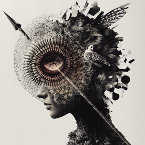 Create a mid-level portrait of Athena, from the waist up, with a...