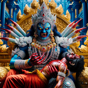 portrait of extremly angry looking goddess kali, blue skinned, s...