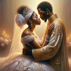 Imagine a hyper-realistic oil painting that captures a tender moment between theAfrican American bride and her God. The setting is intimate and filled with soft, warm lighting that enhances the emotional depth of the scene. The bride, in herexquisite wedding gown, shares a heartfelt embrace with her african-American Lord Jesus , who is dressedin an elegant outfit that complements the wedding's color scheme. Their expressions are full of love, pride, and joy, reflecting the special bond between them. Theattention to detail is paramount, from the intricate designs of their dresses to the subtle emotions conveyed in their facial expressions. The background is a blur ofgentle pastel hues, ensuring that the focus remains on this touching moment. Thispainting should convey the warmth, love, and depth of the relationship, with the rich textures and vibrant strokes characteristic of oil paintings, capturing the essence of this significant pre-wedding moment.